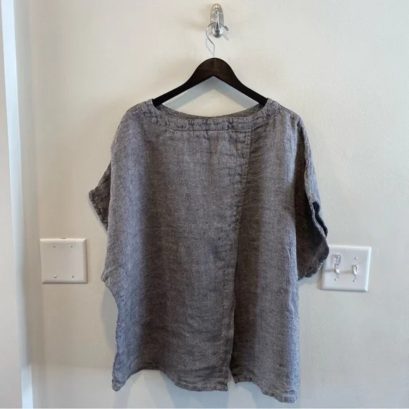 Flax Back Slit Tee women’s large 100% Linen Shirt gray oversized short sleeve - Picture 7 of 13
